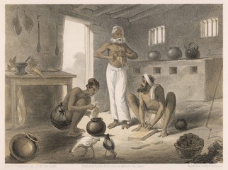 Indian servants preparing a meal in British India  1860. Date: 1860