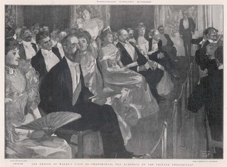 Edward VII enjoying theatricals at Chatsworth. Date: 1901