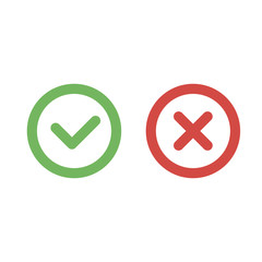 Check mark green and red line icons. Vector illustration