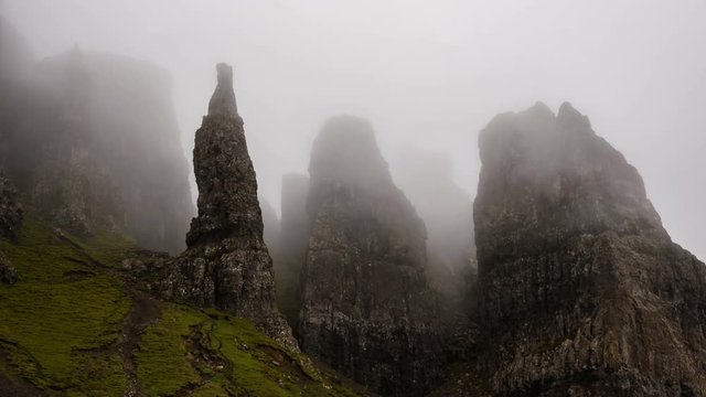 Wind blows over the needle cliffs in Quiraing on Isle of Skye, Scotland. 