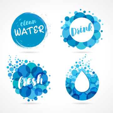 Abstract water logo set design. Vector set of abstract aqua blue symbols, clean water drops and wave logo template