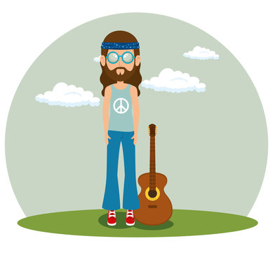 hippie man with a guitar cartoon vector illustration graphic design
