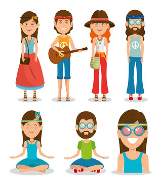 hippie people dressed In Classic Woodstock Sixties vector illustration graphic design