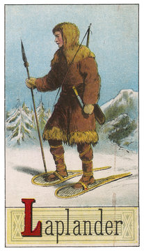Laplander in snowy landscape. Date: 1886