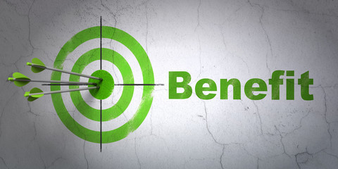 Business concept: target and Benefit on wall background
