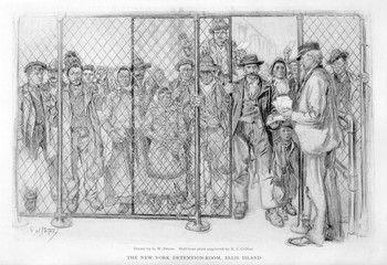 Plakat Immigrants arriving at Ellis Island New York. Date: 1903