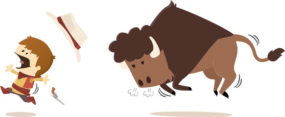 Bison sauvage poursuivant un cow-boy