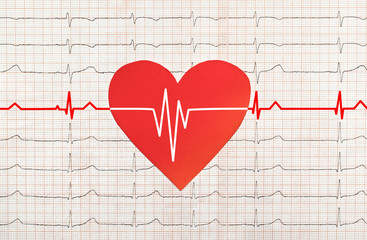 Heart with electrocardiogram test in the background, cardiology concept