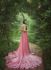 The elf walks in the garden. A girl with long ears in a beautiful pink dress with an open back and with a long train. Artistic processing