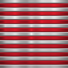 Naklejka premium Metal technology background with red horizontal stripes, polished, brushed texture, chrome, silver, steel, aluminum and bevels for design concepts, wallpapers, web, prints. Vector illustration.