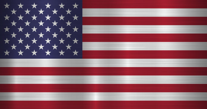 Metal USA, United States of America flag with official proportions and colors, polished, brushed texture, chrome, silver, steel for backgrounds, wallpapers, design, web, print. Vector illustration.