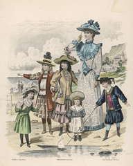Fototapeta na wymiar French Family on Beach. Date: 1891