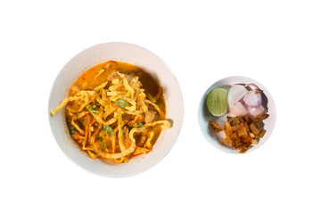Khao Soi Recipe, Northern Style Curried Noodle Soup with Chicken on white background