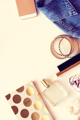 Woman beauty products top view