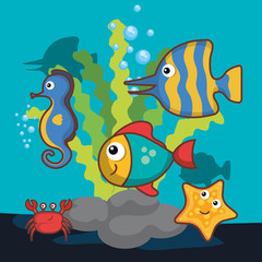 Obraz na płótnie Canvas Sea design with colorful sea creatures vector illustration 