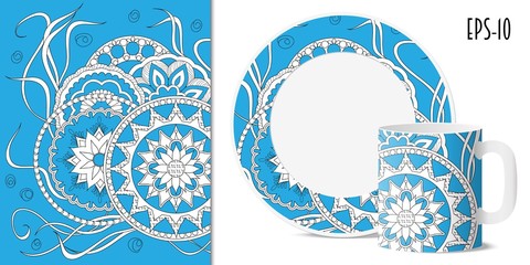 blue zen floral pattern with mandalas for dishes