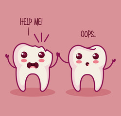 Kawaii broken tooth with help me sign and healthy tooth over pink background vector illustration