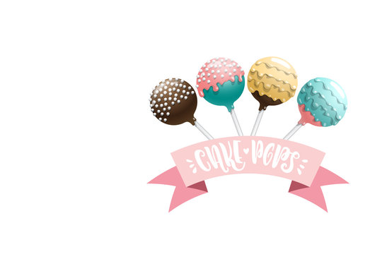 Set of vector colored cake pops on a stick, isolated on a white background, with lettering. Greeting card for birthday sweets and place for text