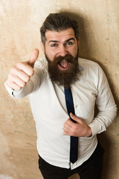 bearded man or hipster with long beard on happy face