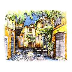Scenic city view of typical narrow alley in Trastevere, Rome, Italy. Picture made markers