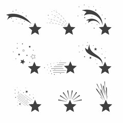Shooting, falling stars icons. Icons of meteorites and comets. Falling stars with different tails