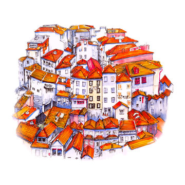 Scenic city view of Typical Portuguese houses in Porto, Portugal. Picture made markers