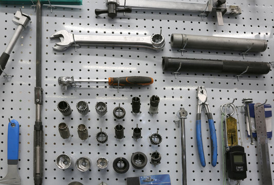 Many tools in the mechanical workshop specializing in bicycle re