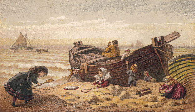 Playing Near Fishingboat. Date: circa 1850s
