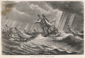 Ships in Stormy Sea. Date: 1780 - obrazy, fototapety, plakaty