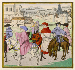 Canterbury Pilgrims on the road   . Date: circa 1387 - obrazy, fototapety, plakaty