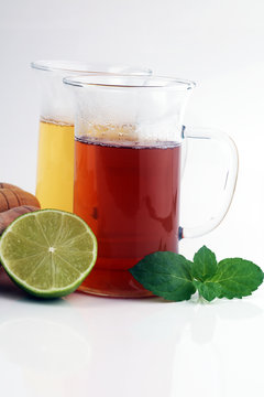 Tea. Herbal tea. Mint leaf. Tea in a glass cup, mint leaves, dri