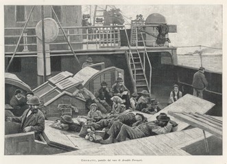 Emigrants on a ship heading for America. Date: 1896