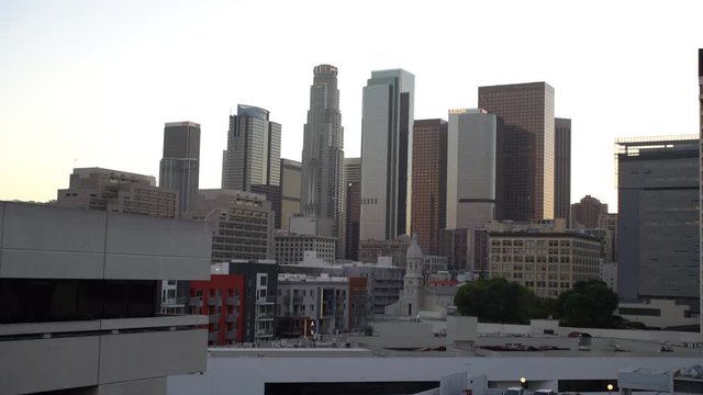 Los Angeles, JUN 22: 4K aerial video of Los Angeles skyline from Little Tokyo Mall on JUN 22, 2017 at Los Angeles