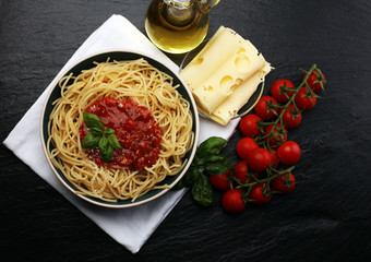 Plate of delicious spaghetti Bolognaise or Bolognese with savory minced beef and tomato sauce...