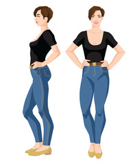 Vector illustration of brunette woman in black shirt, blue jeans and shoes on flat heel with short sleeves on white background. Various turns woman's figure. Front view and side view.