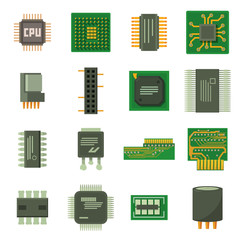 Computer chips icons set, cartoon style