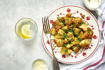 Roasted cauliflower with spicy sauce.Top view.