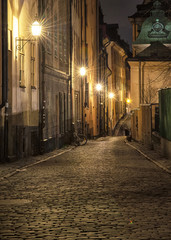 Narrow street in the old part of Stockholm, Sweden