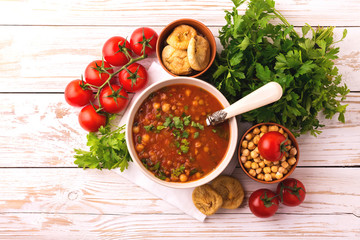 Soup Harira with figs. Ramadan food. Traditional Jewish cuisine