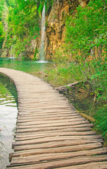 Boardwalk through the waterfalls of Plitvice Lakes National Park in Croatia