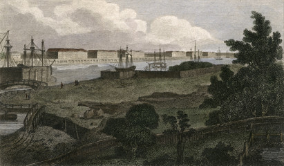 Fototapeta na wymiar West India Docks. Date: 1805