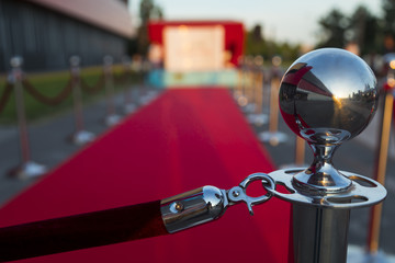 Long red carpet between rope barriers on VIP entrance.