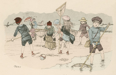 Fototapeta na wymiar Children shrimping at Ostend.. Date: circa 1885