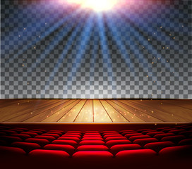 Theater wooden stage with a spotlight on a transparent background. Vector. - obrazy, fototapety, plakaty