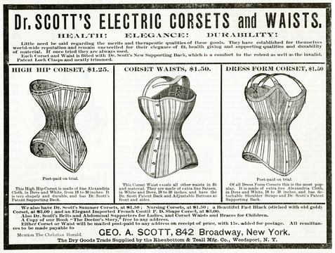 Advert for Dr Scott's electric corsets 1890. Date: 1890