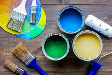 Set of tools for painting on wooden table background top view