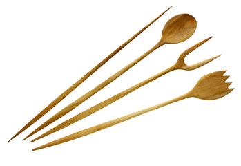 four wooden, cutlery spoon, isolated on a white background, oak wood