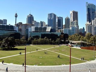 Sydney, Australia - May 21, 2017. Skyscrapers as seen from the Tumbalong Park near Darling Harbour...