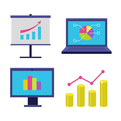 Finance icon set. Modern icons with finance diagram, chart with arrow, graph and growth. Interface elements in flat design. Vector illustration isolated on white background.