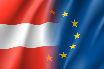 Symbol of Austria is EU member. European Union sign with twelve gold stars on blue and Austrian national flag in red and white colors. Vector isolated icon